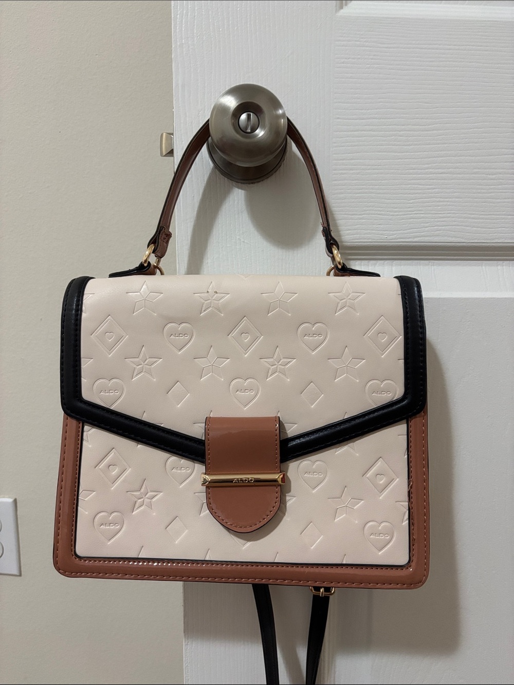 Aldo Cream, Black and Brown Embossed Top-Handle Satchel